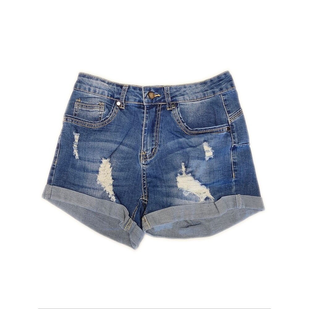 High Rise Distressed Medum Blue Cuffed Denim Jean Shorts, Small